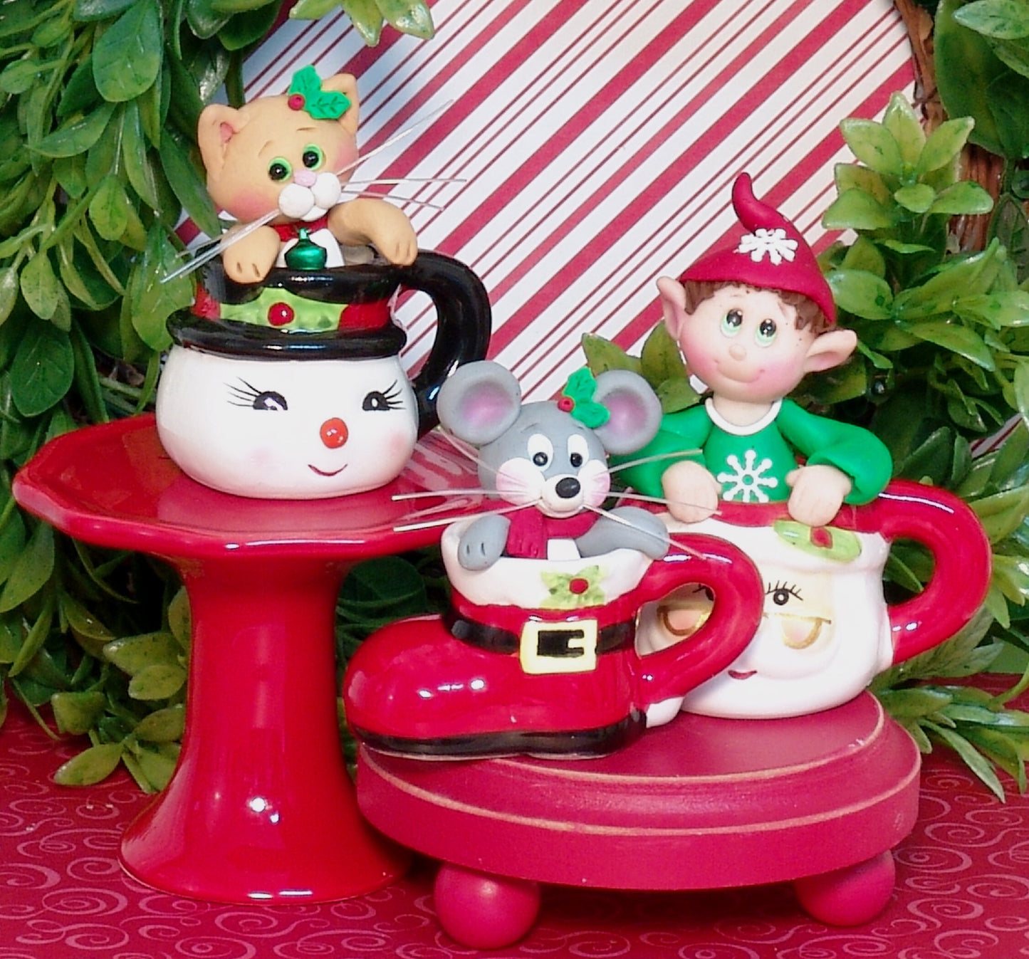 Little Mouse in Mini ceramic Boot Cup HANDMADE POLYMER CLAY Christmas Figurine Decoration