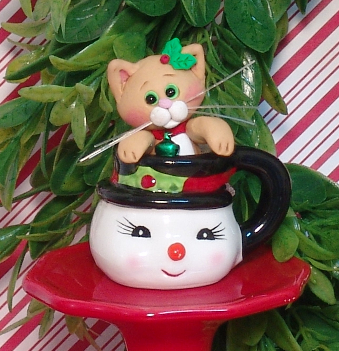 Orange Christmas Kitty Cat in Mini ceramic Snowman Mug HANDMADE POLYMER CLAY Christmas Figurine Decoration