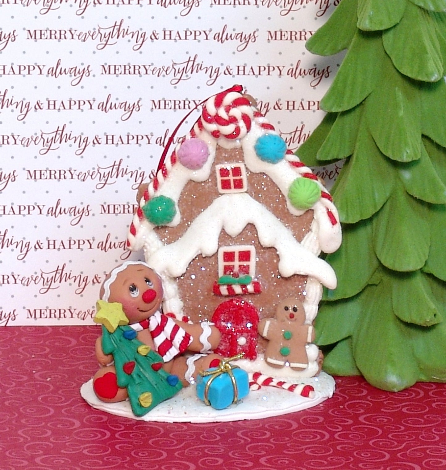 Gingerbread Clay Figure with Gingerbread House HANDMADE POLYMER CLAY Christmas Figurine - Tiered Tray Decor