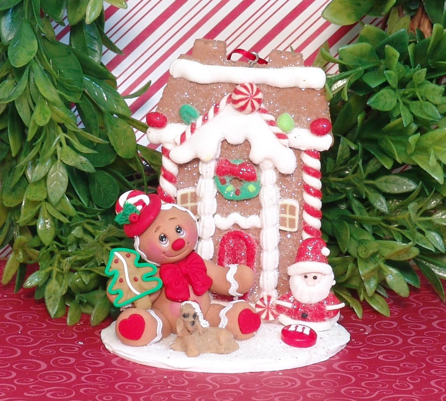 Gingerbread Clay Figure with Gingerbread House HANDMADE POLYMER CLAY Gingy Christmas Figurine - Tiered Tray Decor
