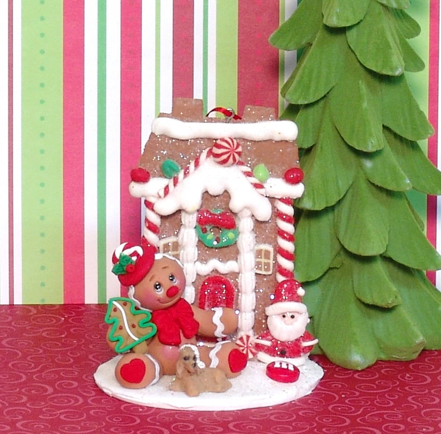 Gingerbread Clay Figure with Gingerbread House HANDMADE POLYMER CLAY Gingy Christmas Figurine - Tiered Tray Decor