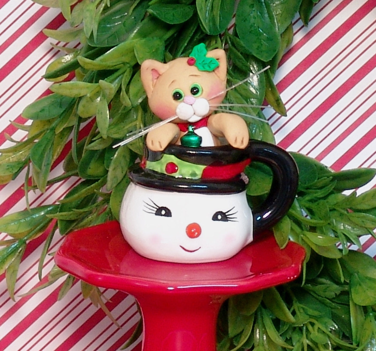 Orange Christmas Kitty Cat in Mini ceramic Snowman Mug HANDMADE POLYMER CLAY Christmas Figurine Decoration