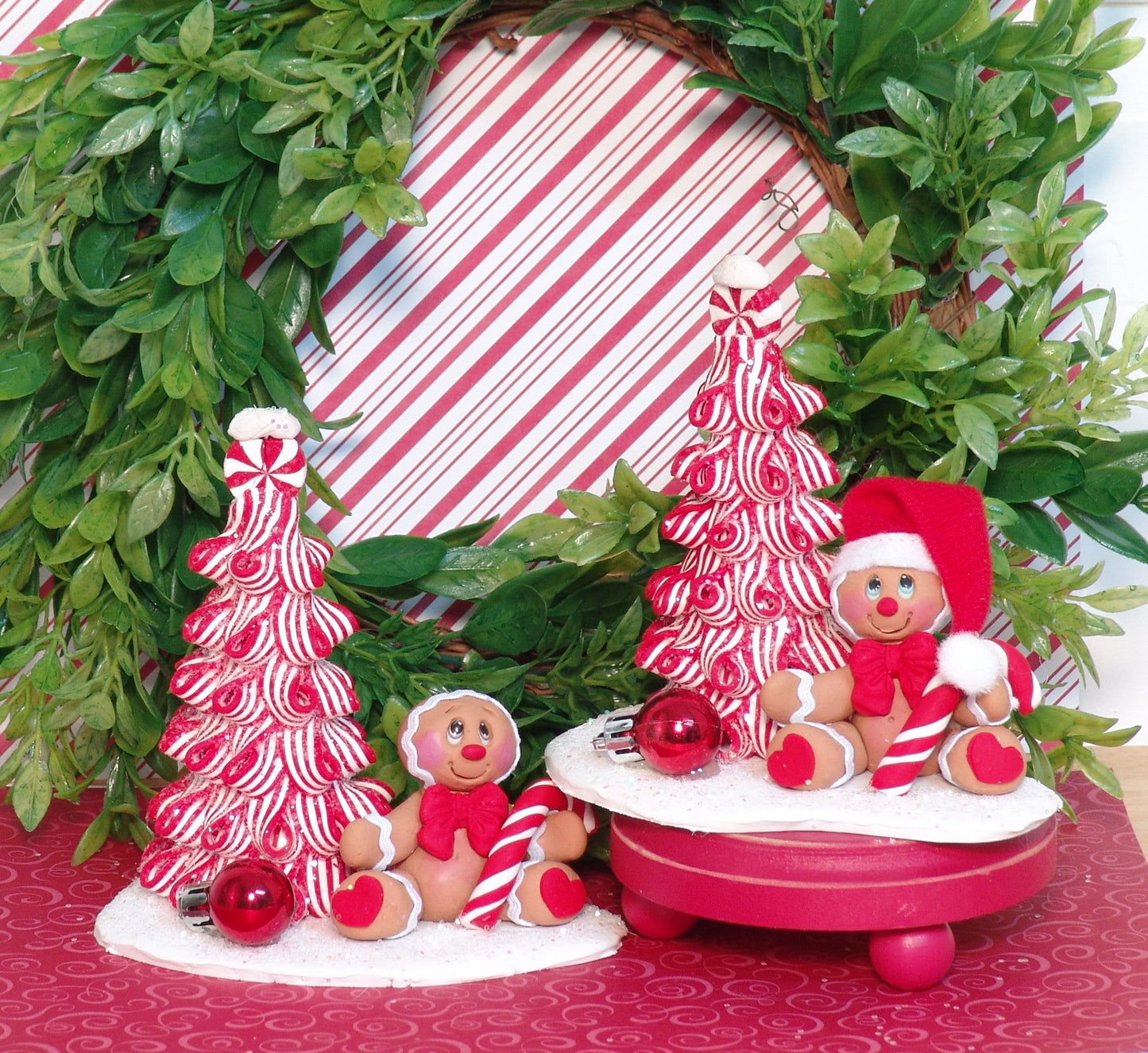 Peppermint Christmas Tree Gingerbread Clay Figure with  HANDMADE POLYMER CLAY Christmas Figurine - Tiered Tray Gingy Decor