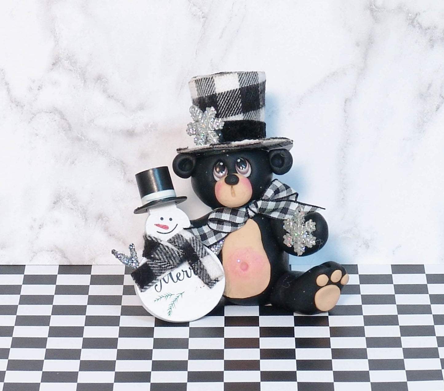 Personalized black bear with Top Hat and Snowman Figurine Handmade POLYMER CLAY