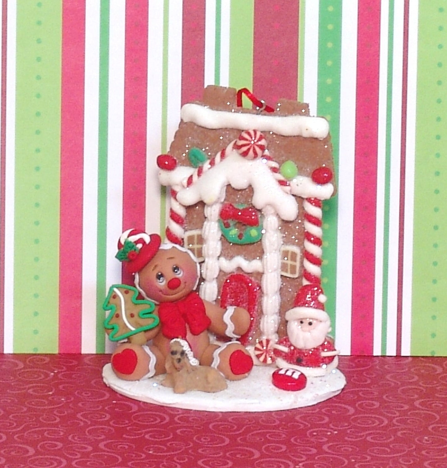 Gingerbread Clay Figure with Gingerbread House HANDMADE POLYMER CLAY Gingy Christmas Figurine - Tiered Tray Decor