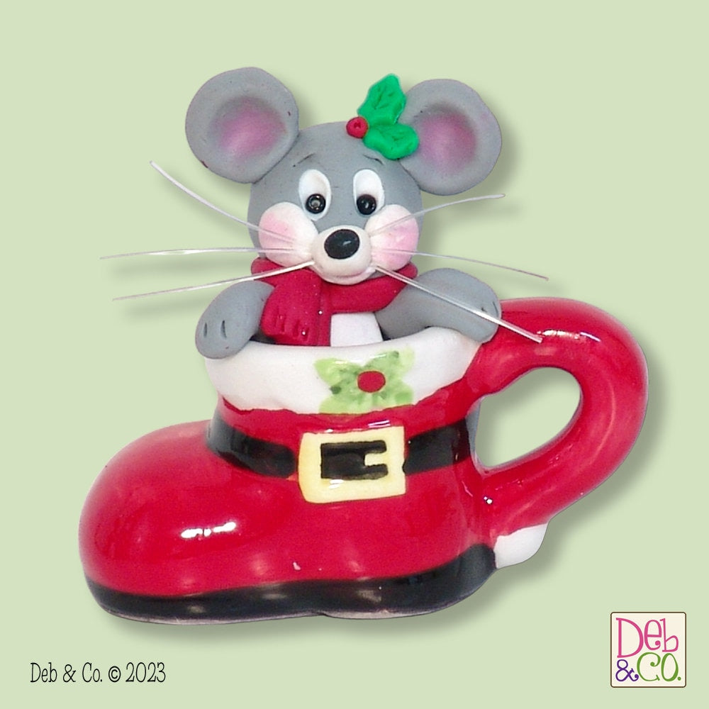 Little Mouse in Mini ceramic Boot Cup HANDMADE POLYMER CLAY Christmas Figurine Decoration