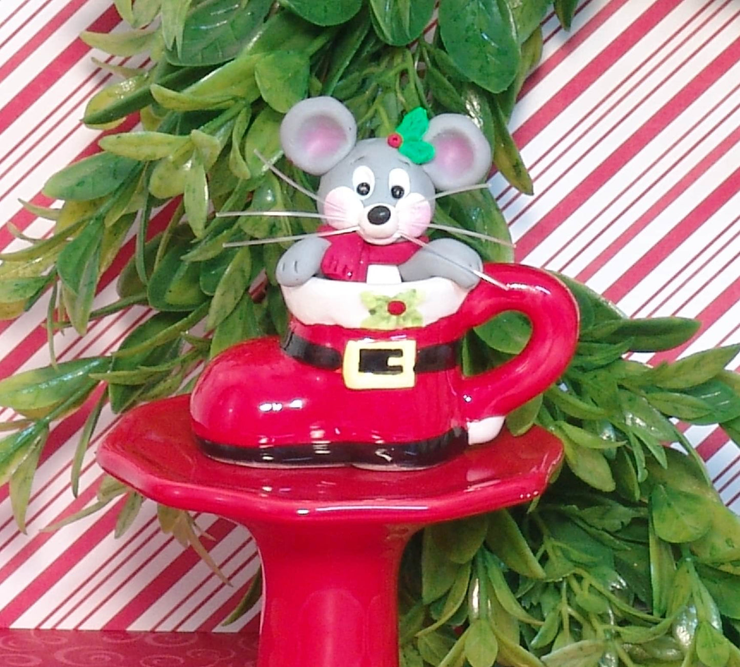 Little Mouse in Mini ceramic Boot Cup HANDMADE POLYMER CLAY Christmas Figurine Decoration