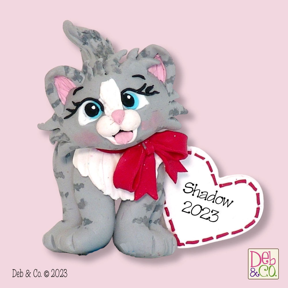 Gray Tabby KITTY CAT HANDMADE Polymer Clay Personalized Christmas Ornament - Limited Edition