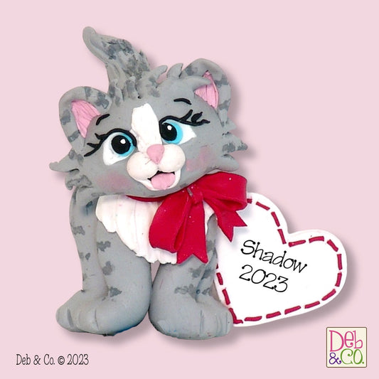 Gray Tabby KITTY CAT HANDMADE Polymer Clay Personalized Christmas Ornament - Limited Edition