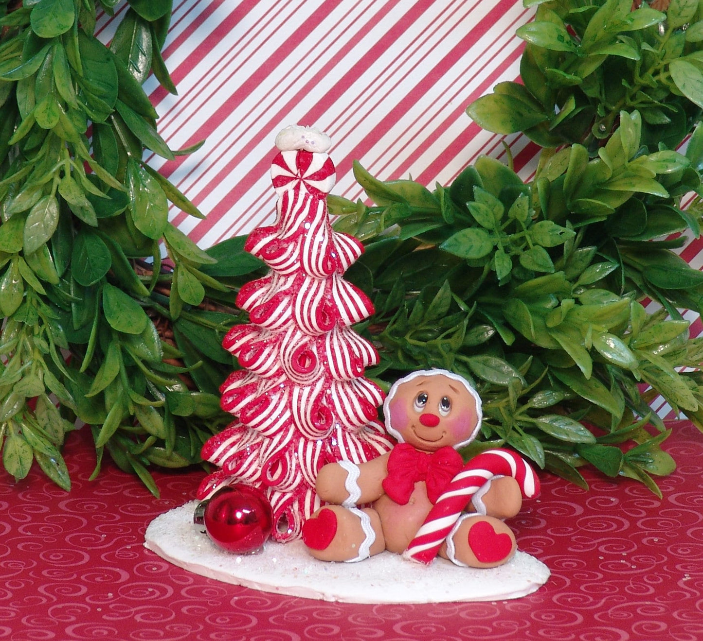 Peppermint Christmas Tree Gingerbread Clay Figure with  HANDMADE POLYMER CLAY Christmas Figurine - Tiered Tray Gingy Decor