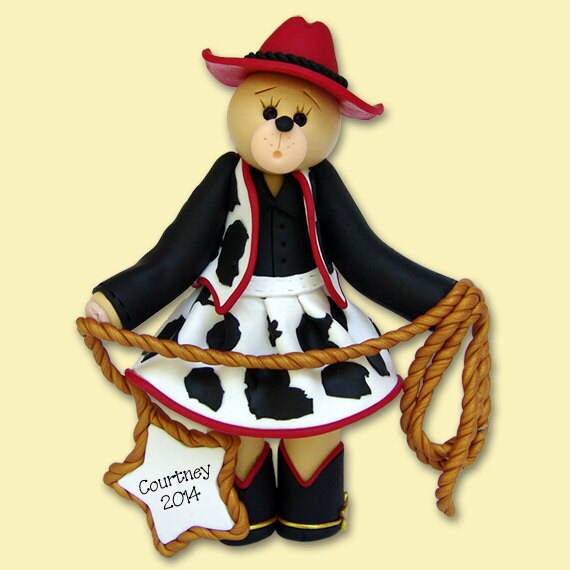 Personalized Christmas Ornaments - Belly Bear Cowgirl HANDMADE Polymer Clay Ornament -Personalized Ornaments - Custom Ornaments