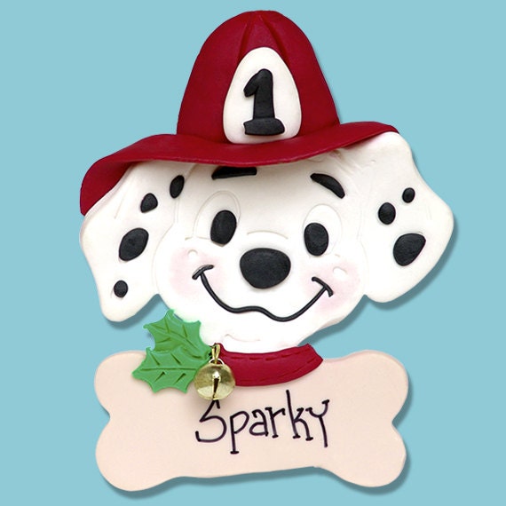 DALMATIAN w/Fire Hat Personalized Puppy Dog Fireman Christmas Ornament HANDMADE Polymer Clay