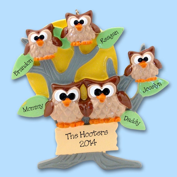 HOOT OWL Family of 5 Hand Painted RESIN Personalized Christmas Ornament