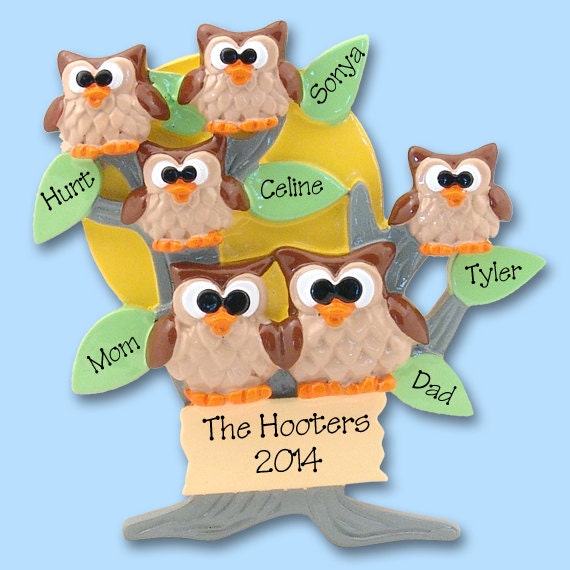 HOOT OWL Family of 6 Hand Painted RESIN Personalized Christmas Ornament