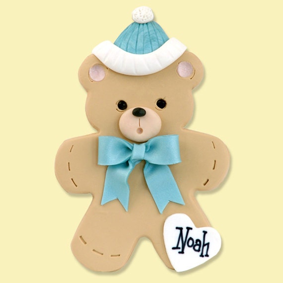 Baby Boy's Christmas Handmade Personalized Baby Bear Ornament  - HANDMADE Polymer Clay Ornament