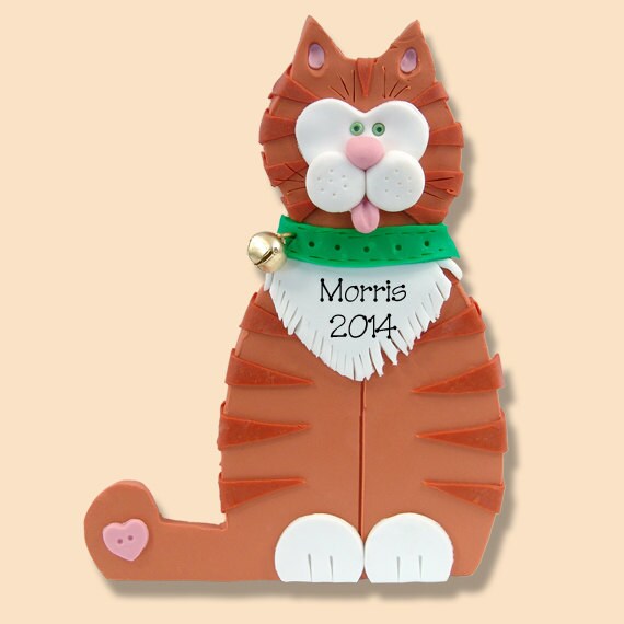Orange Tabby KITTY CAT HANDMADE Polymer Clay Personalized Christmas Ornament