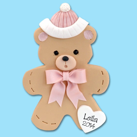 Baby Girl's Christmas Handmade Personalized Baby Bear Ornament  - HANDMADE Polymer Clay Ornament