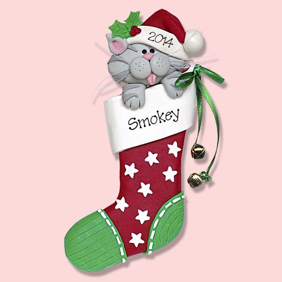 Gray Tabby Christmas KITTY CAT in Stocking HANDMADE Polymer Clay Personalized Christmas Ornament