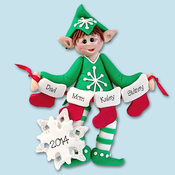Elf with Stockings Family of 4 HANDMADE Polymer Clay Personalized Christmas Ornament