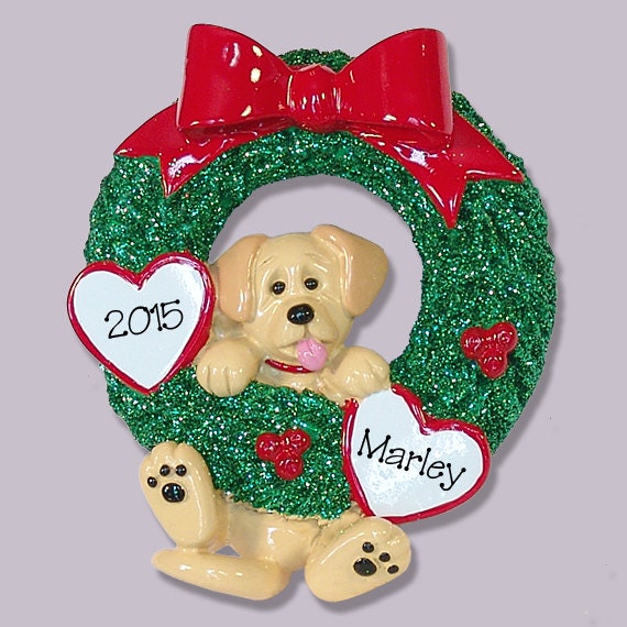 Personalized Christmas Ornaments - Personalized Dog Ornaments - Yellow Labrador Retriever PUPPY DOG Hanging in Wreath - Yellow Lab Ornament