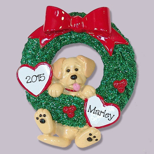 Personalized Christmas Ornaments - Personalized Dog Ornaments - Yellow Labrador Retriever PUPPY DOG  Hanging in Wreath - Yellow Lab Ornament