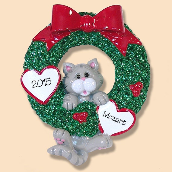 Gray Tabby Christmas KITTY CAT in Wreath RESIN Hand Painted Personalized Christmas Ornament