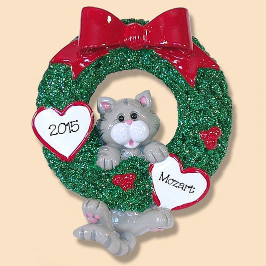 Gray Tabby Christmas KITTY CAT in Wreath RESIN Hand Painted Personalized Christmas Ornament