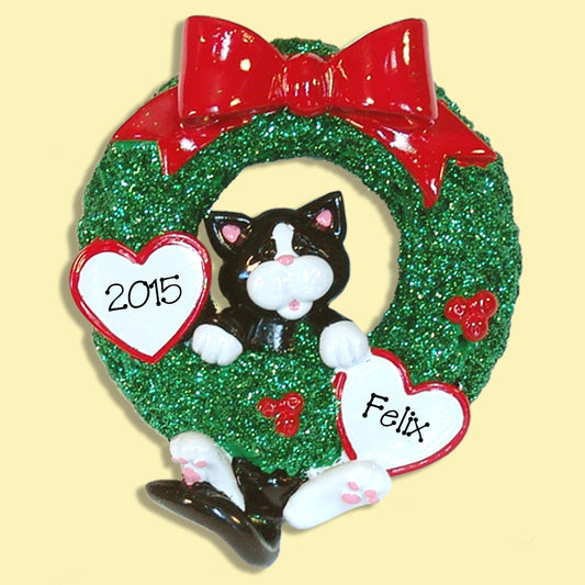 Personalized Cat Ornament / Black & White Tuxedo Christmas KITTY CAT in Wreath Personalized Christmas Ornament