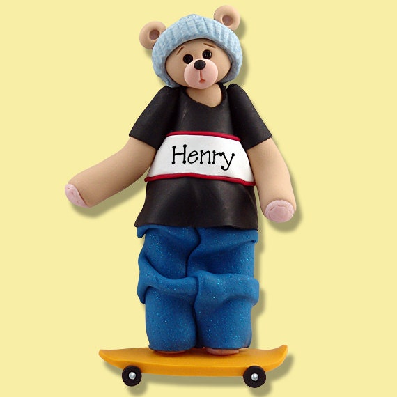 Skate Board Belly Bear Personalized Ornament - HANDMADE Polymer Clay