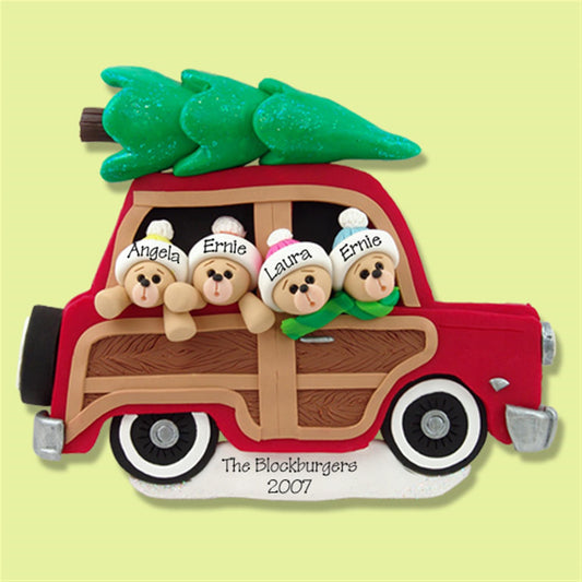 Belly Bear Family of 4 in Woody Wagon POLYMER CLAY Ornament