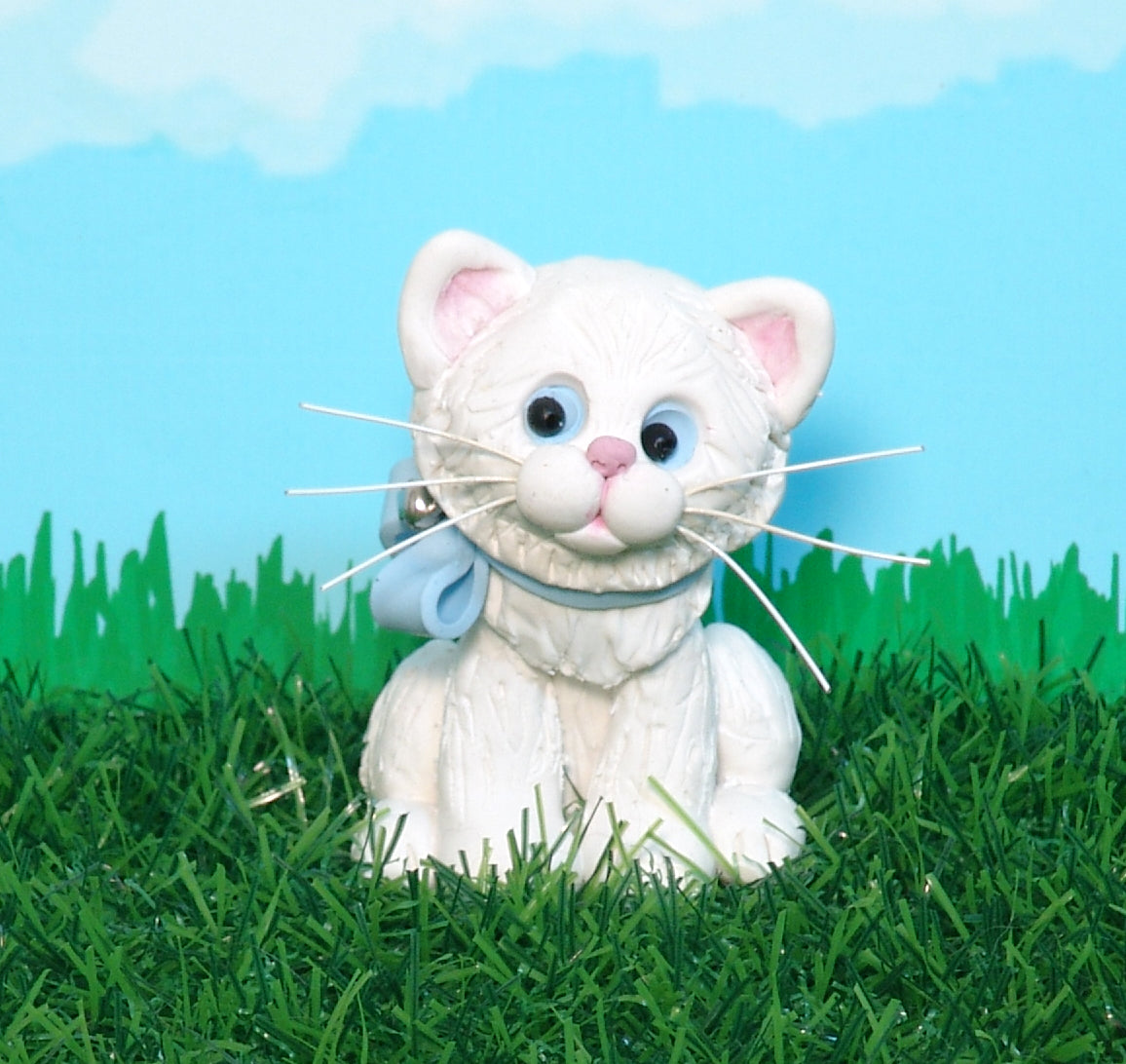 White Kitty Cat with Blue Bow & Silver Bell