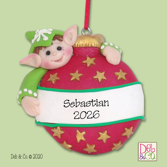 Elf with Ornament - Handmade Polymer Clay Ornament