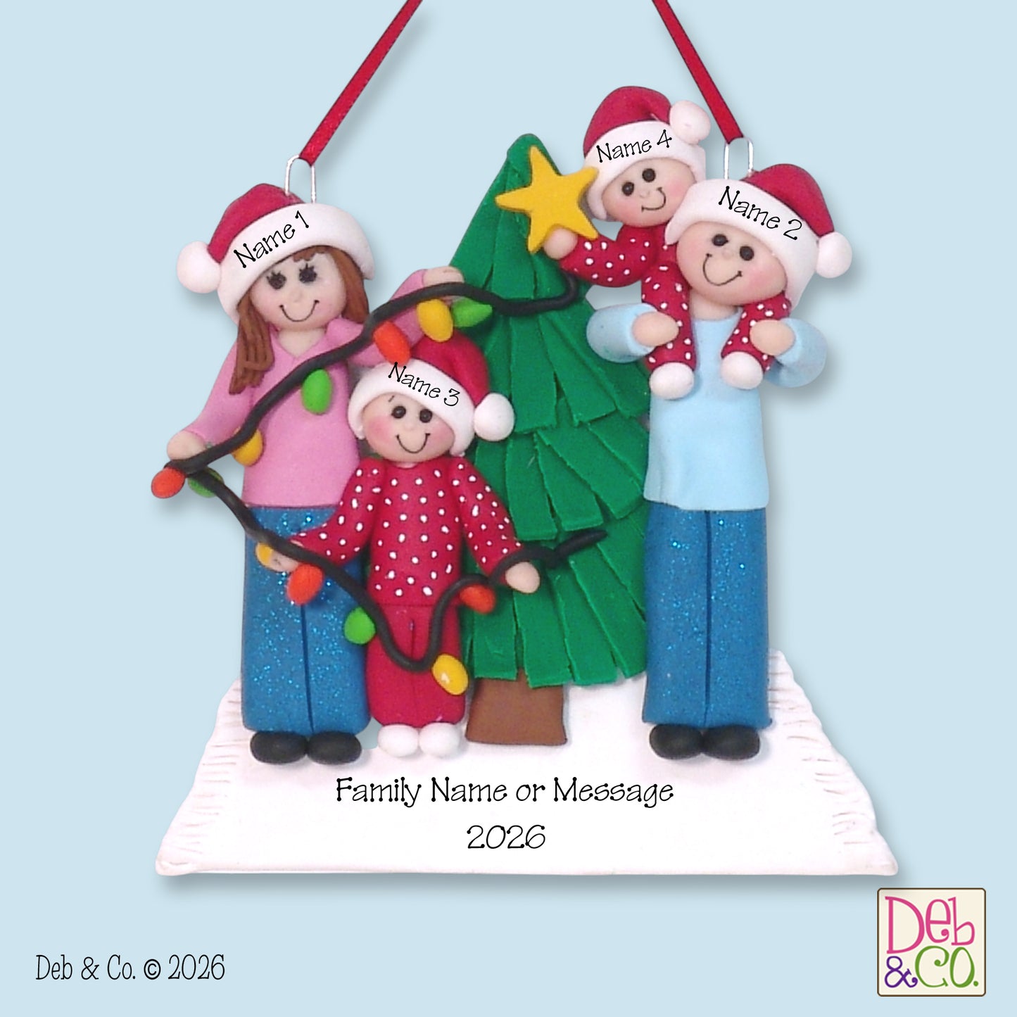 Family of 4 Putting Lights on Tree