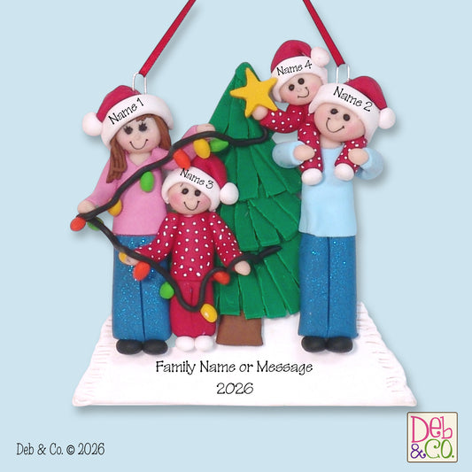 Family of 4 Putting Lights on Tree