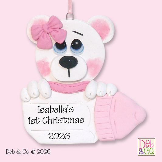Polar Bear with Baby Bottle Personalized Girl Ornament