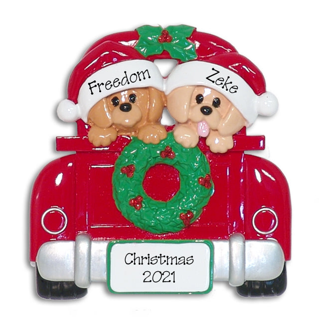 2 Puppy Dogs in Red Pickup Truck Christmas Ornament HAND Painted RESIN- Custom Ornaments