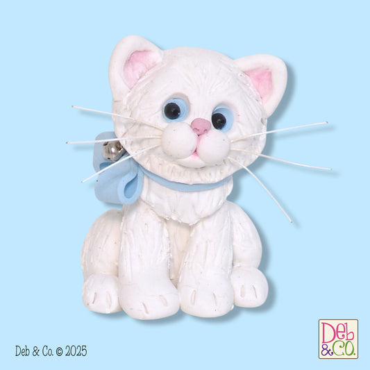 White Kitty Cat with Blue Bow & Silver Bell