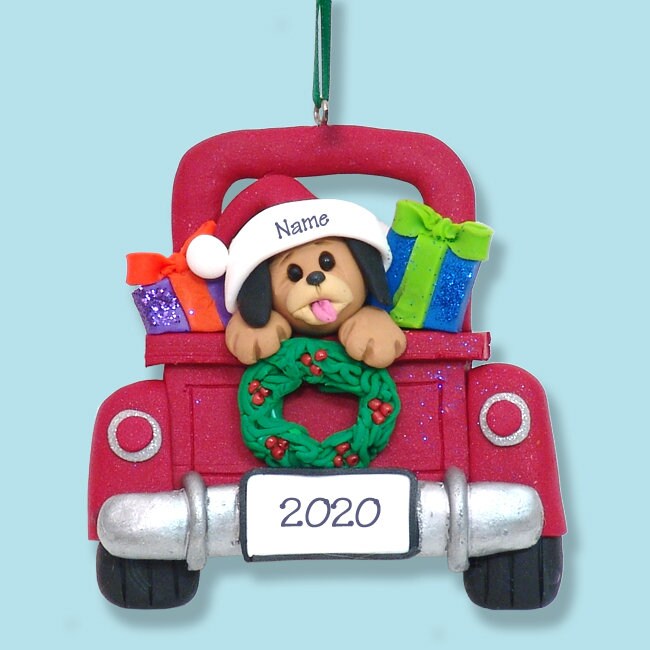 Puppy Dog in Red Pickup Truck Christmas Ornament - Personalized Dog Christmas Ornament HANDMADE Polymer Clay - Custom Ornaments