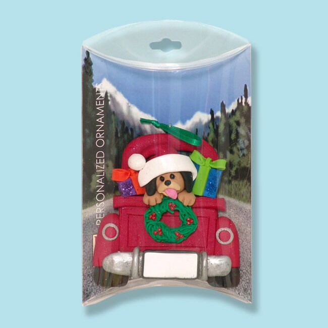 Puppy Dog in Red Pickup Truck Christmas Ornament - Personalized Dog Christmas Ornament HANDMADE Polymer Clay - Custom Ornaments