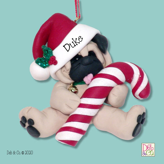 Chistmas Pug PUPPY Dog with Candy Cane Personalized Ornament,  HANDMADE Polymer Clay Personalized Christmas Ornament