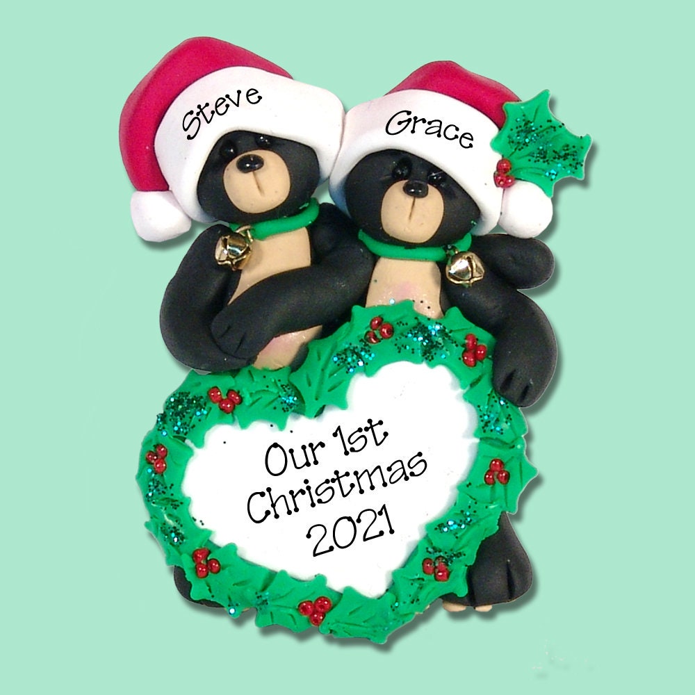 First Christmas Together, Personalized Couples Christmas Ornament, HANDMADE POLYMER CLAY - Custom Ornaments Personalized, Black Bear Couple