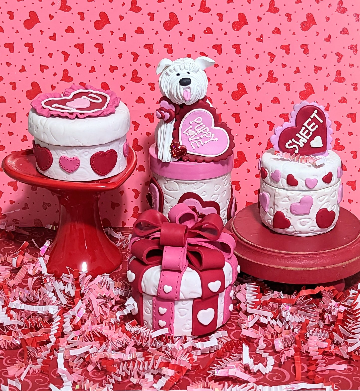 Puppy Love Dog Candy or Trinket Jar / Handmade Polymer Clay