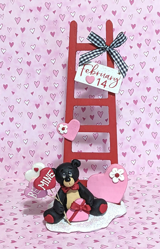 Black Bear with Wooden Ladder Handmade Polymer Clay Figurine Valentine Decor