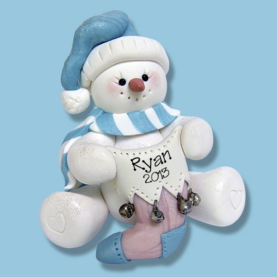 Pastel Pink & Blue Snowman - Baby's First Christmas Personalized Figurine - HANDMADE Polymer Clay Figurine