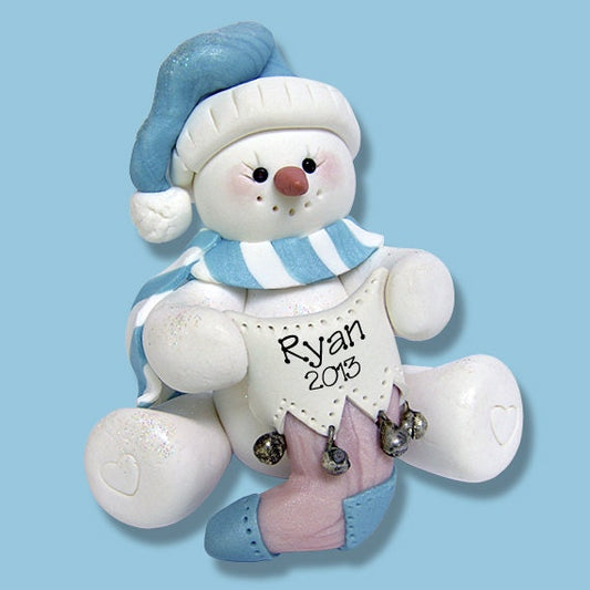 Pastel Pink & Blue Snowman - Baby's First Christmas Personalized Figurine - HANDMADE Polymer Clay Figurine