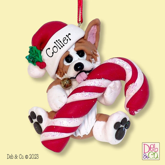 Corgi Puppy Dog with Candy Cane HANDMADE Polymer Clay Personalized Christmas Ornament, Custom Ornaments