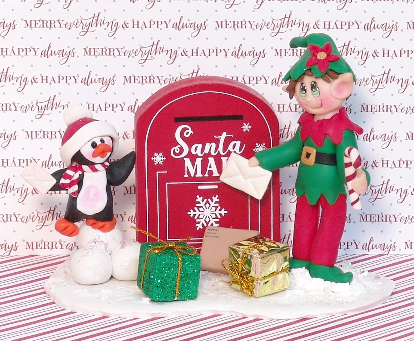 Elliot the Elf with Petey Penguin and Mailbox - Handmade Polymer Clay Figurine Christmas Decor