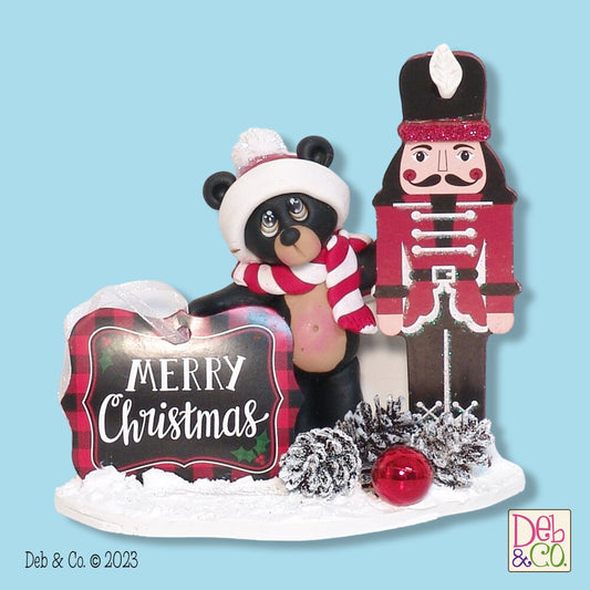 Black Bear with Wooden Soldier HANDMADE POLYMER CLAY Christmas Figurine - Tiered Tray Decor