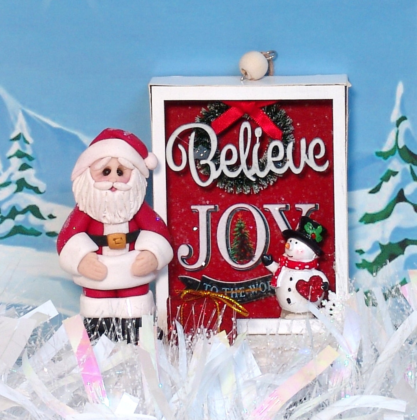 Santa Figurine with Believe and Joy Sign  - Handmade Polymer Clay