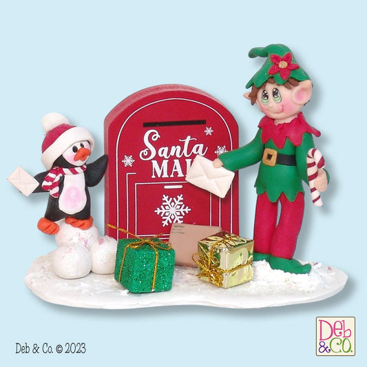 Elliot the Elf with Petey Penguin and Mailbox - Handmade Polymer Clay Figurine Christmas Decor